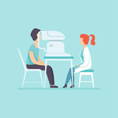 Sticker - Ophthalmologist doctor examining patient eyesight with professional ophthalmological equipment, medical treatment and healthcare concept vector Illustration