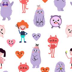 Wall Mural - Cute cartoon. Funny monsters, heart, love, boy, girl. Vector seamless pattern.