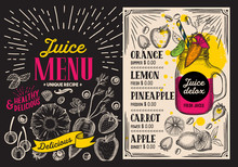 Juice Smoothie Menu For Restaurant And Cafe. Vector Drink Flyer On Blackboard Background. Design Template With Vintage Hand-drawn Illustrations.