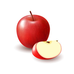 Wall Mural - Isolated realistic colored red apple slice and whole juicy fruit with shadow on white background.