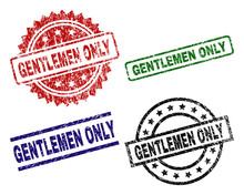 GENTLEMEN ONLY Seal Prints With Corroded Surface. Black, Green,red,blue Vector Rubber Prints Of GENTLEMEN ONLY Tag With Unclean Surface. Rubber Seals With Circle, Rectangle, Rosette Shapes.