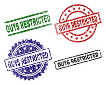 GUYS RESTRICTED Seal Stamps With Distress Texture. Black, Green,red,blue Vector Rubber Prints Of GUYS RESTRICTED Text With Dirty Texture. Rubber Seals With Round, Rectangle, Rosette Shapes.