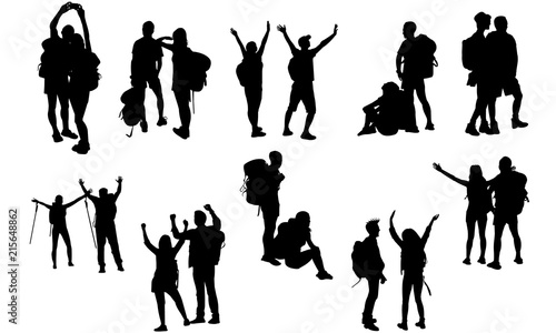Cuadros en Lienzo Hiking Couple Silhouette |Mountain Climber Vector | Team Trekking | Clipart Clip