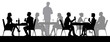 Black silhouettes of people sitting at restaurant tables eating and drinking vector illustration