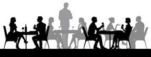 Black Silhouettes Of People Sitting At Restaurant Tables Eating And Drinking Vector Illustration