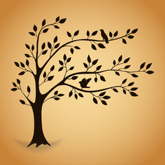 Silhouette tree with leaves and berds. Vector illustration.