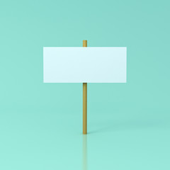 Leinwandbilder - Blank white sign with wooden pole stand isolated on blue green pastel color background with reflection and shadow 3D rendering