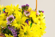 Beautiful Bouquet Of Yellow Chrysanthemums Flowers Close-up.