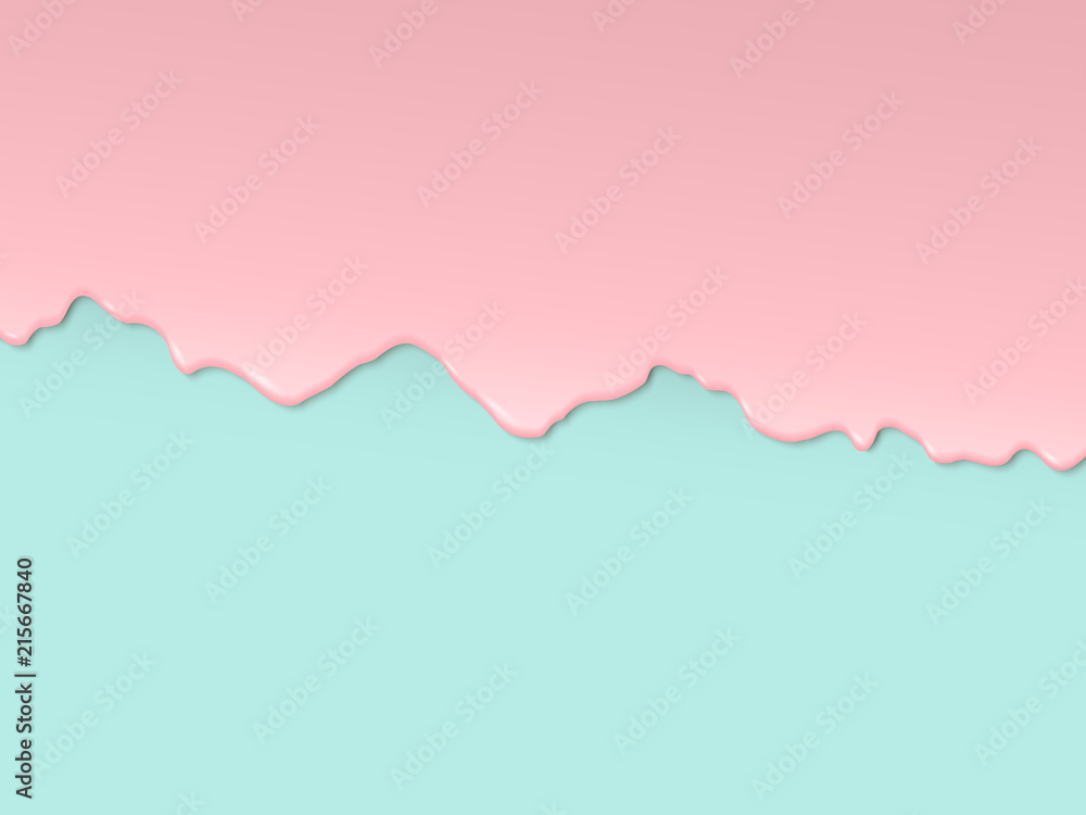 Vector art design in 3D style. Pink glaze flowing along the turquoise edge of the cake - obrazy, fototapety, plakaty 