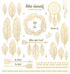 Set of boho style hand drawn elements in golden color. Boho design elements collection with ethnic feathers, arrows, dream catcher, wreath, borders and inspirational quotes