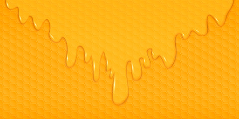 Wall Mural - a flow of sweet translucent honey on the honeycomb. business card template. 3d material design.