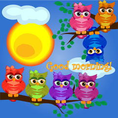 Wall Mural - An unhappy, sleepy owl on a tree branch in the morning, the sun shines and smiles. Inscription Good morning. Morning, breakfast