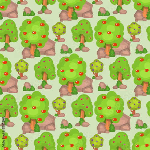 Garden trees vector flowers grass game park elements illustration nature fore...