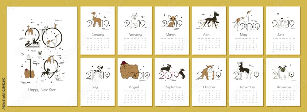Monthly creative calendar 2019 with dog breeds Vector illustration A4 - obrazy, fototapety, plakaty 