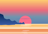 Fototapeta Zachód słońca - Sunset osean, sea, landscape with mountains and sun, evening. Panorama of mountains, on sunset, dusk, vector, isolated