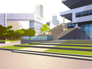 Wall Mural - modern office building stairs exterior view over skyscraper buildings cityscape background horizontal flat vector illustration