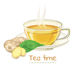 Wall Mural - Vector illustration of a fresh ginger root, leaves and cup of tea. Vector icon isolated on white. 