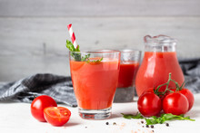 Tomato Juice With Fresh Tomatoes, Parsley, Sea Salt And Pepper On Light Grey Background. Vegetable Drink.