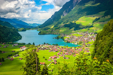 Aerial view on Lungernsee lake near Luzern, Switzerland, Europe