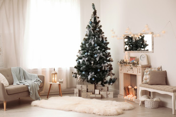 Wall Mural - Stylish living room interior with decorated Christmas tree