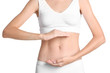 © New Africa - Young woman showing protective gesture on white background. Gynecology concept