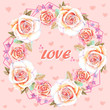 © Marina - flower arrangement, wreath of pink roses on a pink background with hearts and text love, watercolor