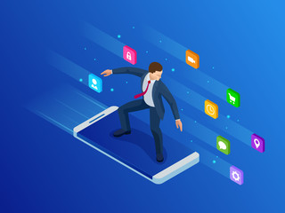 Wall Mural - isometric mobile phone and businessman. virtual business surfing. smart and simple web interface wit