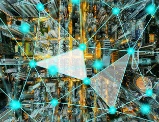 Poster - Communication and Networking concept with cityscape on background 