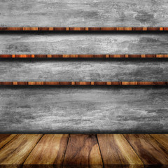 Sticker - Empty top of table and wooden shelf with bare concrete wall.