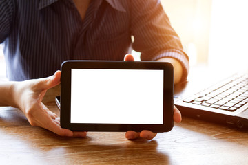 business man showing tablet computer with blank white screen