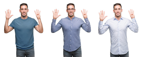 Sticker - Handsome young man wearing different outfits showing and pointing up with fingers number nine while smiling confident and happy.