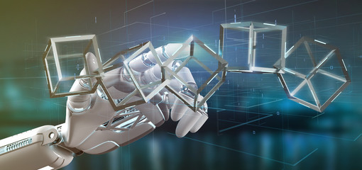 Cyborg hand holding a blockchain cube 3d rendering
