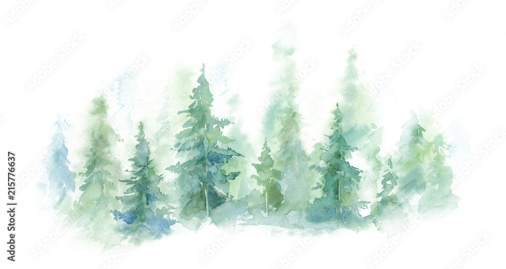 Green landscape of foggy forest, winter hill. Wild nature, frozen, misty, taiga. watercolor background - obrazy, fototapety, plakaty 