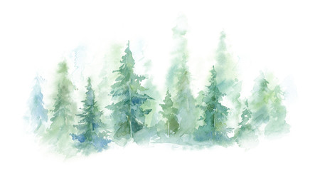 green landscape of foggy forest, winter hill. wild nature, frozen, misty, taiga. watercolor backgrou