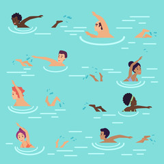 Wall Mural - Vector cartoon flat summer seamless pattern with people swimming in the sea or pool. Swimmers in water.