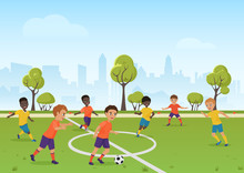 Kids Soccer Game. Boys Playing Soccer Football On The School Sport Field. Cartoon Vector Illustration.