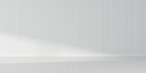 Aufkleber - Stimulate scene of white empty room with sun light cast shadow on the laminate wood wall and plank floor,Perspective of minimal architecture. 3D rendering