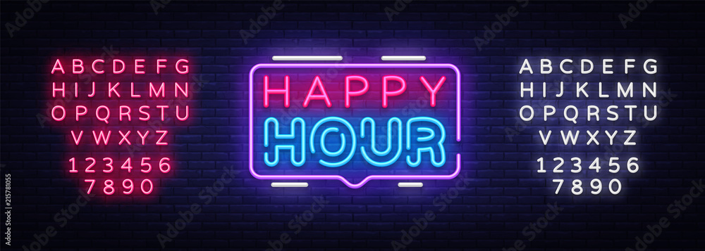 Happy Hour neon sign vector design template. Happy Hour neon logo, light banner design element colorful modern design trend, night bright advertising, brightsign. Vector. Editing text neon sign - obrazy, fototapety, plakaty 