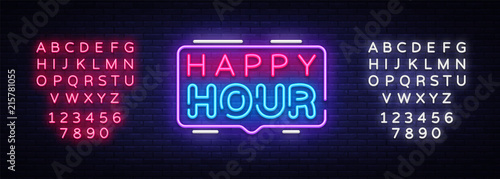 Fotomural Happy Hour neon sign vector design template