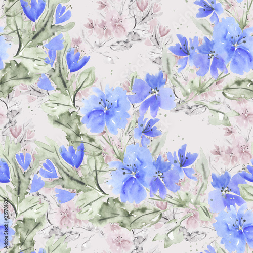 Seamless Watercolor Floral Pattern Blue Pink Flowers On Light