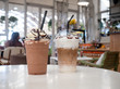 Latte frappe, chocolate frappe on white table at coffee shop.