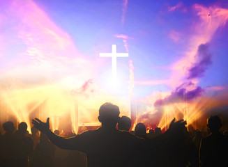 Poster - Church worship concept:Christians raising their hands in praise and worship at a night music concert