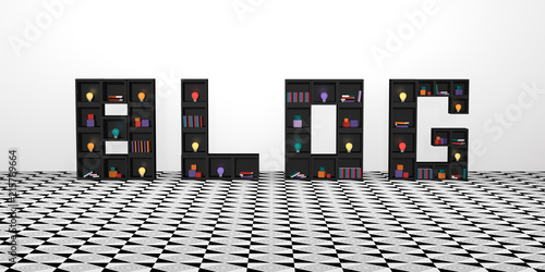 Illustration: Abstract banner with shelves of cubes that write the word blog. with colorful lightbulbs, books and decoration. 3d render Abstract banner with shelves of cubes that write the word blog. with colorful lightbulbs, books and decoration. 3d render