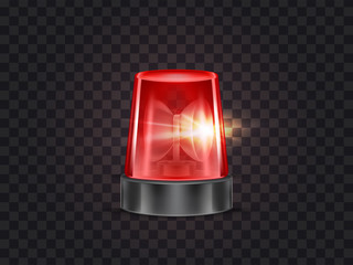 Vector illustration of red flasher, flashing beacon with siren for police and ambulance cars, isolated on transparent background. Glowing rotating lamp, emergency signal of danger, alarm strobe light