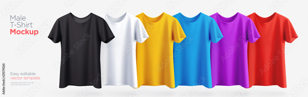 Men's t-shirt realistic mockup in different colors. Vector - obrazy, fototapety, plakaty 