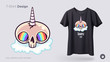 Skull unicorn with rainbow eyes t-shirt design. Print for clothes, posters or souvenirs. Vector