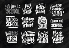 Collection Of Back To School Lettering Written With Elegant Calligraphic Font And Decorated With Stationary. Set Of Handwritten Slogans Or Phrases Isolated On Black Background. Vector Illustration.