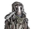 Scary Post Apocalyptic, Living Underground, Creature With Vintage Lantern On Shoulder, Wearing Rags And Creepy Full-face Gas Mask Under Tattered Hood, Studio Shoot Isolated On White With Copy Space