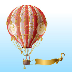 Vector realistic hot air balloon with vintage decor, flying on blue sky with blank golden ribbon for message. Aerostat with basket for royal travels. Template for poster, advertising banner, card