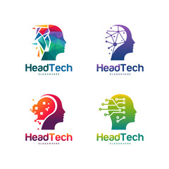 Sticker - set of head tech logo, pixel head logo concept vector, robotic technology logo template designs vect